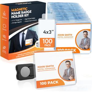 100 Pack of 4x3 Magnetic Name Badge Holders (White Printable Inserts Included) Customizable Magnetic Name Tags for Office, Conventions, School, and Events - Durable and Clear Plastic Name Tag Holder