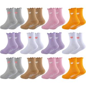 Toddler Girls Ruffle Socks Non Slip Grip Heart Frilly Socks Cute Cotton Grippy Dress Crew Socks for Kids 12 Pairs