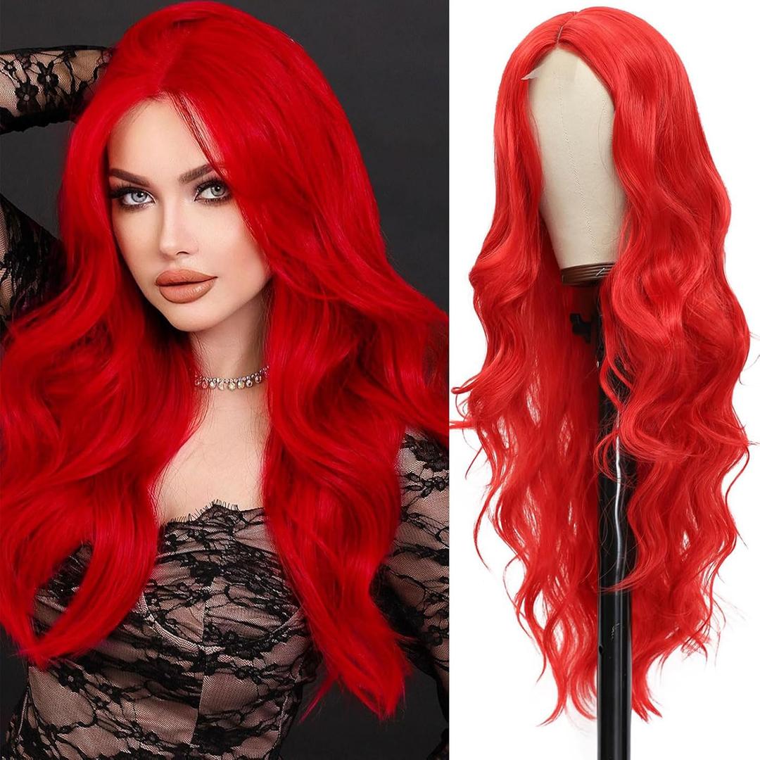 Long Silky Red Wigs for Women 26 Inches Curly Wavy Wig Middle Part Natural Looking Synthetic Heat Resistant Wigs for Halloween Cosplay Daily Party Use