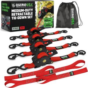 Rhino USA Retractable Ratchet Straps (4-Pack) - 1 Inch x 10 Feet (1,209lb Break Strength) - Auto Self Retracting Tie Down Straps for Truck, Cargo Trailer, Motorcycle, ATV, UTV - Red