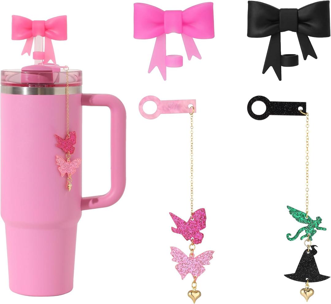 2 x Cup Accessories Set 10mm Flying Monkey Butterfly Straw Charm for 30&40 oz Tumbler with 2pc Bow Straw Cover, 0.4 inches diameter, 4.5 inches long