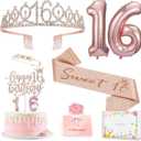 2 x Sweet 16 Birthday Party Decorations for Girls, Sweet 16 Sash and Tiara, Cake Toppers, Number Candles and Balloons, 16th Birthday Gifts for Girls