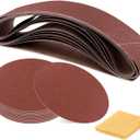 Glarks 23Pcs Sanding Belts and Sanding Discs Set Including 10Pcs 4 x 36 Inch 80/120/150/240/400 Grits Sanding Belts and 12Pcs 80/100/120/180/ 240/400 Grits Self Adhesive No-Hole Sticky Sanding Discs