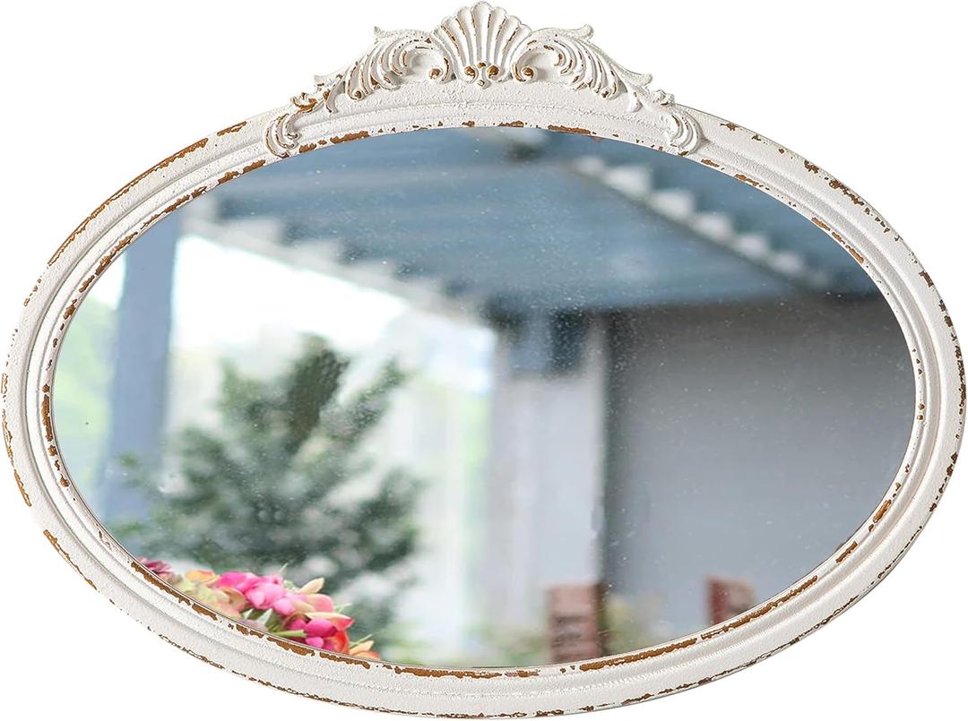 Vintage Oval Bathroom Mirrors for Over Sink 24" X 18", Wall Hanging Antique Arendahl Mirrors for Bedroom, Horizontal Distressed White Farmhouse Wood Baroque Mirror for Living Room