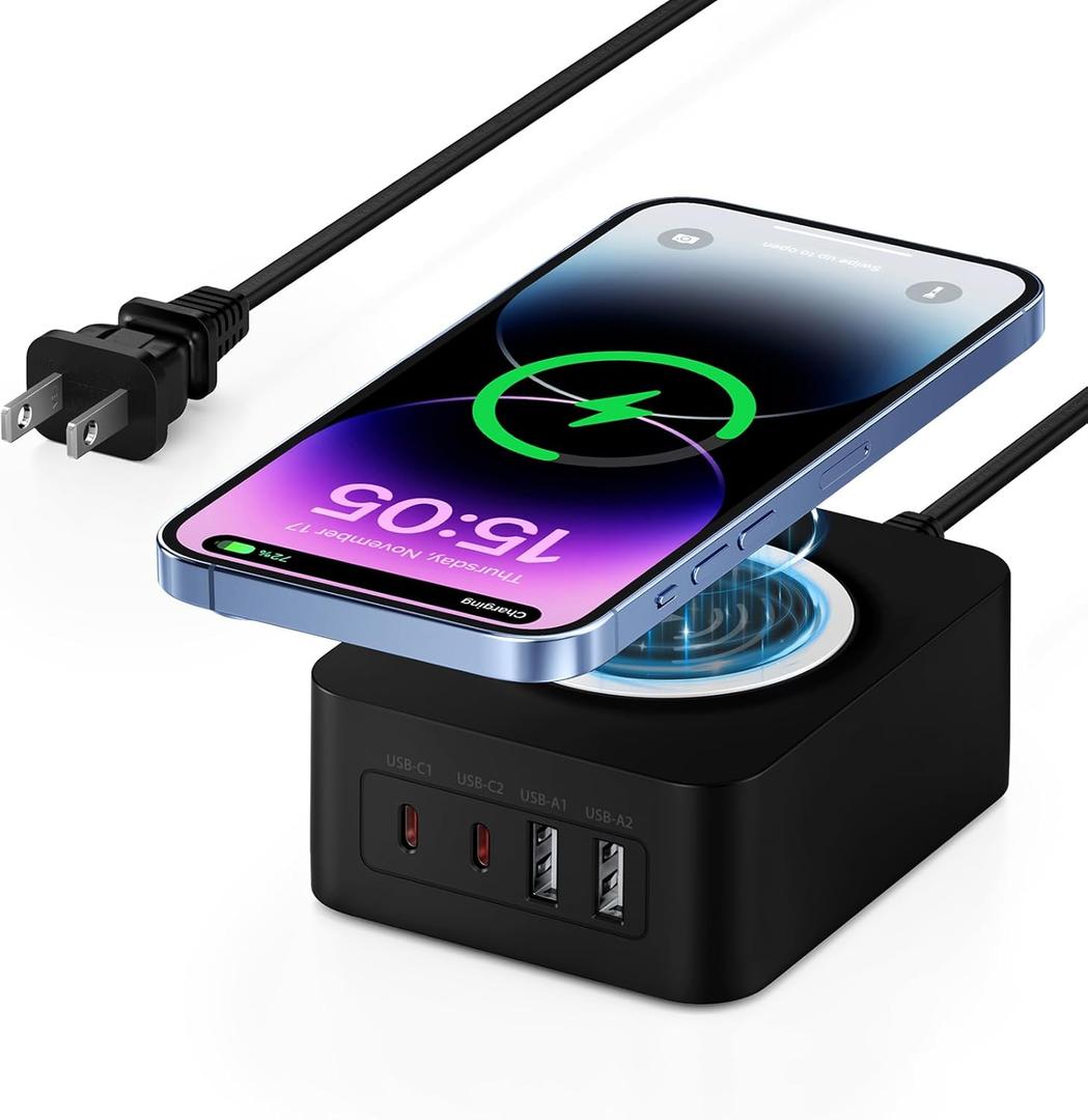 60W USB Charging Station with 15W Wireless Charger, 2 USBA and 2 USBC Multiple Port Desktop Charger Quick Charge Block for iPhone 17 Pro Max 16e 16 Pro Max Samsung S25 Ultra iPad MacBook Laptop Pixel