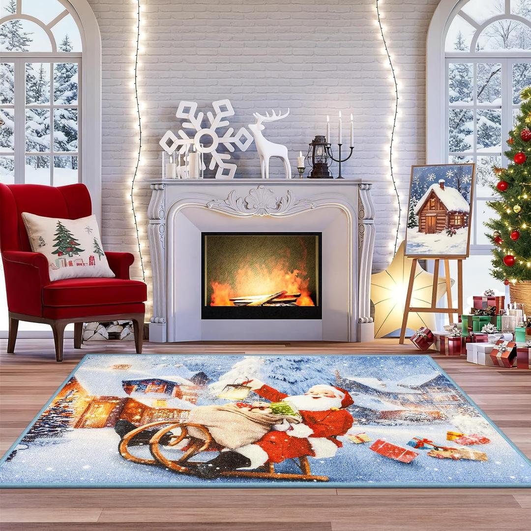 Christmas Rugs Indoor Large Area Rug for Living Room Floor Carpet for Bedroom, Non-Slip Washable Throw Rugs with Rubber Backing Decorative Blue Santa Rug for Kitchen Fireplace Decor 3 x 5 Ft