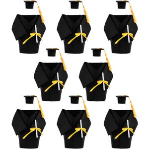 LUOZZY 8 Sets Graduation Cap Gown Bottle Covers Sets Mini Graduation Coat Bottle Covers Graduation Hat Bottle Topper with Yellow Tassels