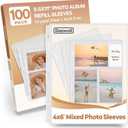 Dunwell Photo Sleeves for 3-Ring Binder, (4x6 Mixed Format, 100 Pack) for 600 Pictures, Each Photo Page Sheet Holds Six 4 x 6 Pictures or Postcards, Acid-Free Poly 4x6 Album Refill Pages
