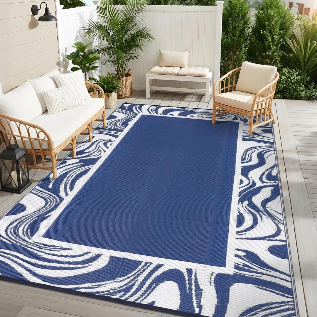 Garvee Waterproof Outdoor Rug 8x10 Reversible Plastic Straw Patio Rug Modern Abstract Large Outdoor Carpet Foldable Indoor Outdoor Rugs for Picnic, Backyard, Rv, Beach, Deck, Camper, Balcony, Navy
