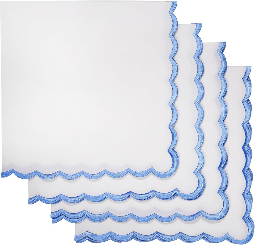 Ridhi Cloth Napkins 100% Pure Cotton Farmhouse Wedding Dinner Napkins for Halloween, Thanksgiving, Holiday Daily Wedding uses Napkins (4-18" x 18" Dinner Napkin, White with Blue Edge)
