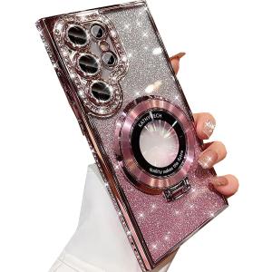 for Samsung Galaxy S25 Ultra Magnetic Kickstand Glitter Case, [Compatible with Magsafe] Cute Bling Sparkly Diamond Rhinestones with Camera Protector Women Girls Case for Galaxy S25 Ultra,Pink