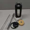 32 oz Glass Water Bottles - 1 Liter Motivational Tumbler Water Bottle Time Marker - Borosilicate Glass Water Bottle With Silicone Sleeve and 2 Lids, Handle Spout & Bamboo Straw Lid (Black)