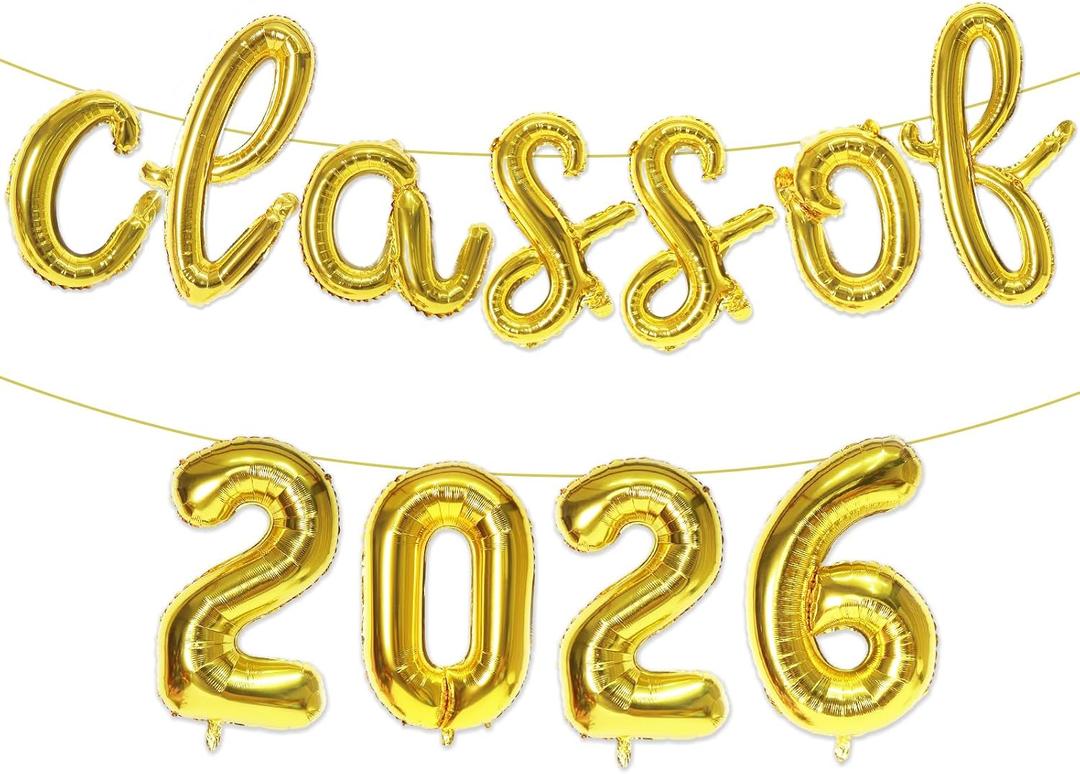2 x Class of 2026 Graduation Balloons, Gold Foil Graduation Party Decorations, 16-Inch Number & Letter Balloon Set for Grad Party, Indoor & Outdoor Grad Decor, Photo Backdrop