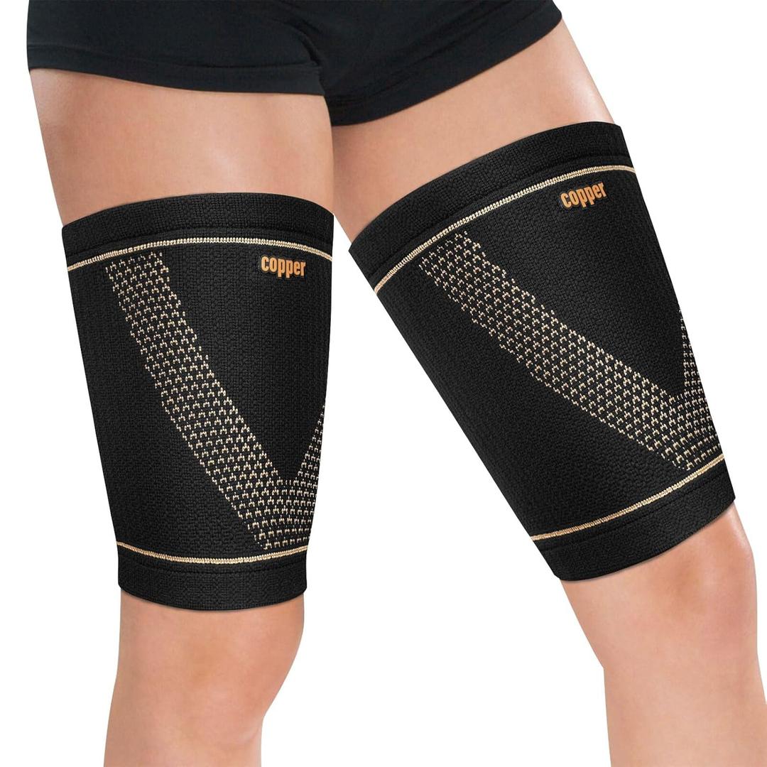 Hamstring Compression Sleeve (Pair)  Copper Thigh Support for Women & Men Relieve Groin Pull (Black, Medium)