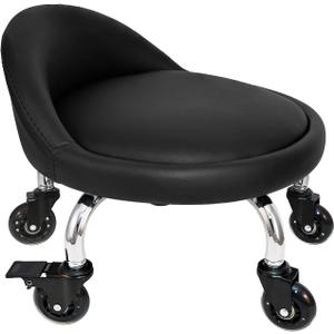 Rolling Stool with Backrest 450 Lbs High Weight Capacity PU Leather Roller Seat and Heavy-Duty Crystal Universal Wheels for Men Women Boy Girl Furniture Gift, Home Office Black, Sitting height 9.34 inches