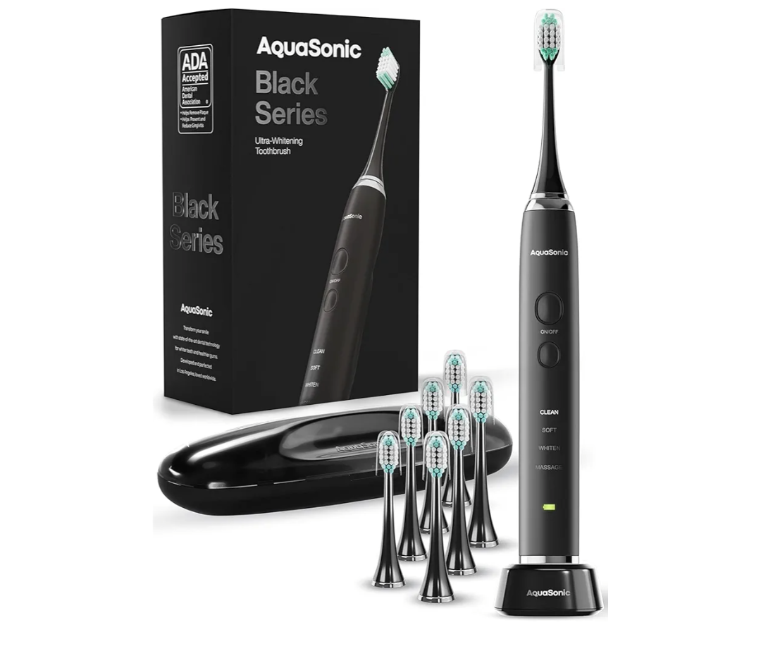 Aquasonic Black Series Ultra Whitening Toothbrush – ADA Accepted Electric Toothbrush- 8 Brush Heads & Travel Case – 40,000 VPM Electric Motor & Wireless Charging - 4 Modes w Smart Timer