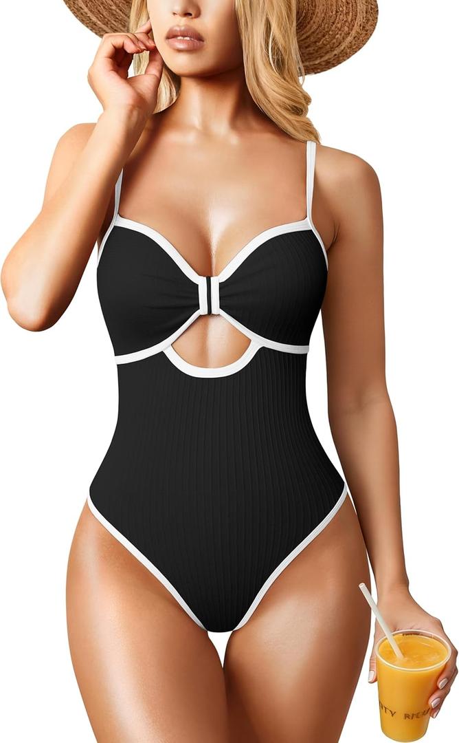 OQQ Womens One Piece Swimsuit Cutout Push Up Tummy Control Bathing Suit with Adjustable Straps, L