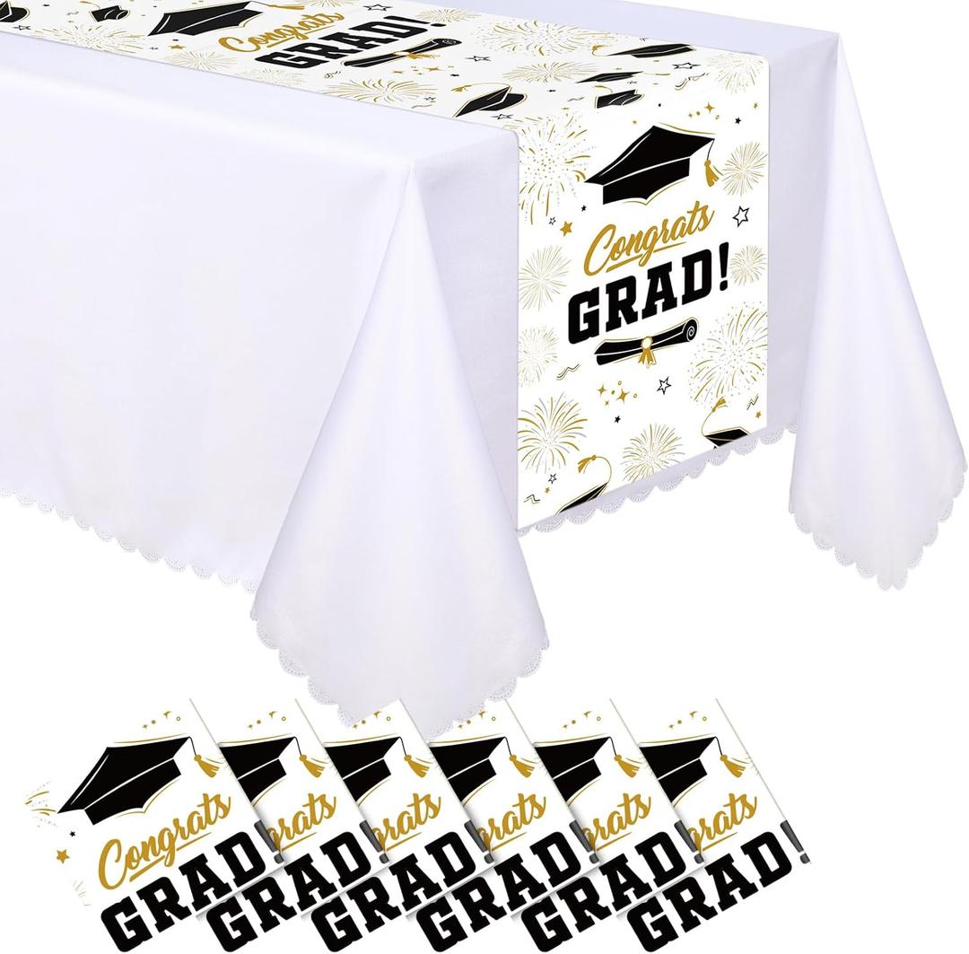 6 Pcs Plastic Graduation Table Runner 2025 Congrats Grad Cap Table Decoration 14 x 108 Inch Disposable Tablecloth for Prom Class of 2025 Graduation Party Supplies Favor(White Gold)