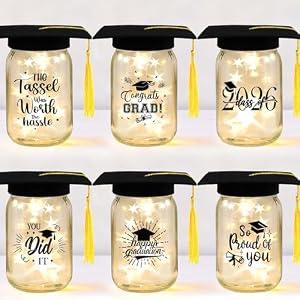 12 Sets 2026 Graduation Centerpieces for Tables, Glowing Mason Jar Centerpieces with Graduation Caps, Glowing Money Jars for College High School Congrats Grad Party Decor Supplies