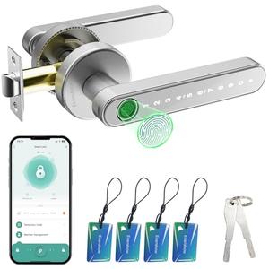 Evanshow Smart Door Lock with Knob, Keyless Entry Door Locks with Handle, Fingerprint Door Knob for Bedroom/Front Door/Apartment,Generate Passcode Remotely Silver