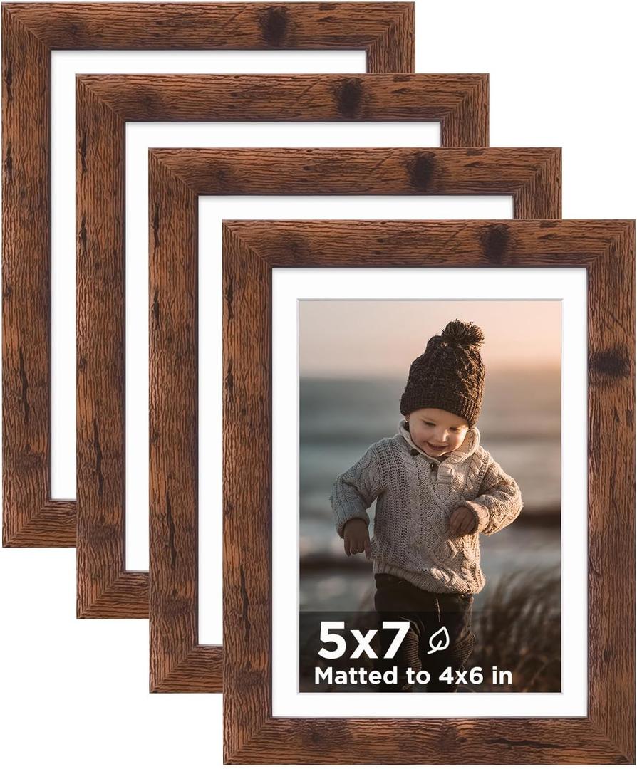 KINLINK 5x7 Picture Frame Rustic Brown Set of 4, Wooden Photo Frames Matted 4x6 with Plexiglass for 4x6 with Mat or 5x7 without Mat for Table and Wall Display
