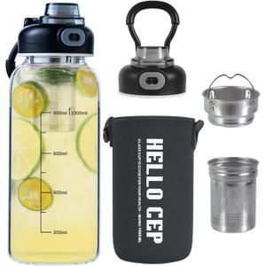 34oz tea bottle with infuser - Large Capacity Glass Water Bottle, With Time Mark, Stainless Steel Tea Strainer,Sleeve, BPA Free,For hot or cold drinks, coffee, tea and water