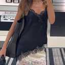 Women Lace Trim Satin High Low Tops Silk Spaghetti Strap Asymmetrical Side Split Cami Top Flowy Silky Layering Tops (Black, S)