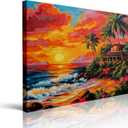 Beach Sunset Canvas Wall Art Framed Tropical Ocean Painting Prints Posters Wrapped Canvas Wall Decor Palm Tree Coastal Artwork for Living Room Bedroom Bathroom Office Vacation Home Gift 16x24 Inches
