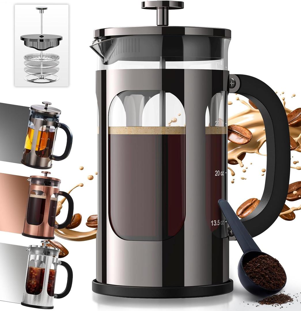 BAYKA French Press Coffee Maker 34 Ounce 1 Liter, Borosilicate Glass Stainless Steel Brewer, Large Portable Cold Brew Cafetera Teapot for Kitchen Travel Camping Coffee Bar Accessories, Dark Pewter