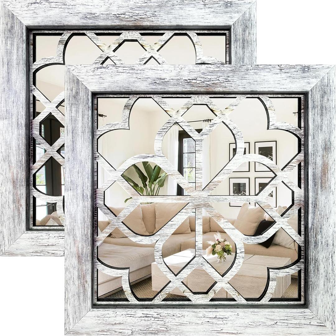 Boho Wall Mirror Decor, Set of 2 Rustic Farmhouse Accent Mirror 12x12 Inch, Square Shatterproof Vintage Style Mirrors for Wall, Small Decorative Mirrors for Living Room, Bedroom(Grey)