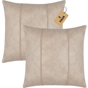 Faux Leather Decorative Throw Pillow Covers 18x18 Inch Set of 2 Modern Solid Design Luxury Cushion Cases for Couch Sofa Bed Durable Soft Easy to Clean, Beige