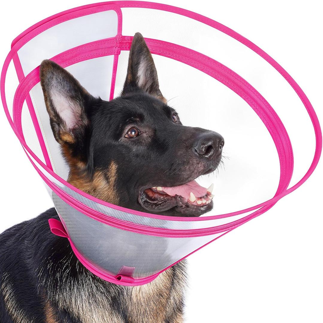 Dog Cone to Stop Licking, Clear Recovery Collar with Detachable Zipper, Sturdy Elizabethan Collar for Large Medium Small Dogs, Soft Adjustable Cone After Surgery Patented, Hot Pink XL