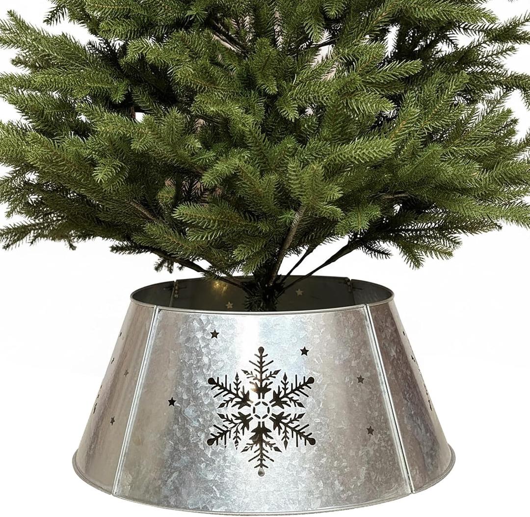 15.5" Galvanized Christmas Tree Collar, Snowflake Diecut Metal Christmas Tree Collars for Artificial Trees, Beautiful Tree Collar for Pencil Tree Decorates Your Home for The Holidays