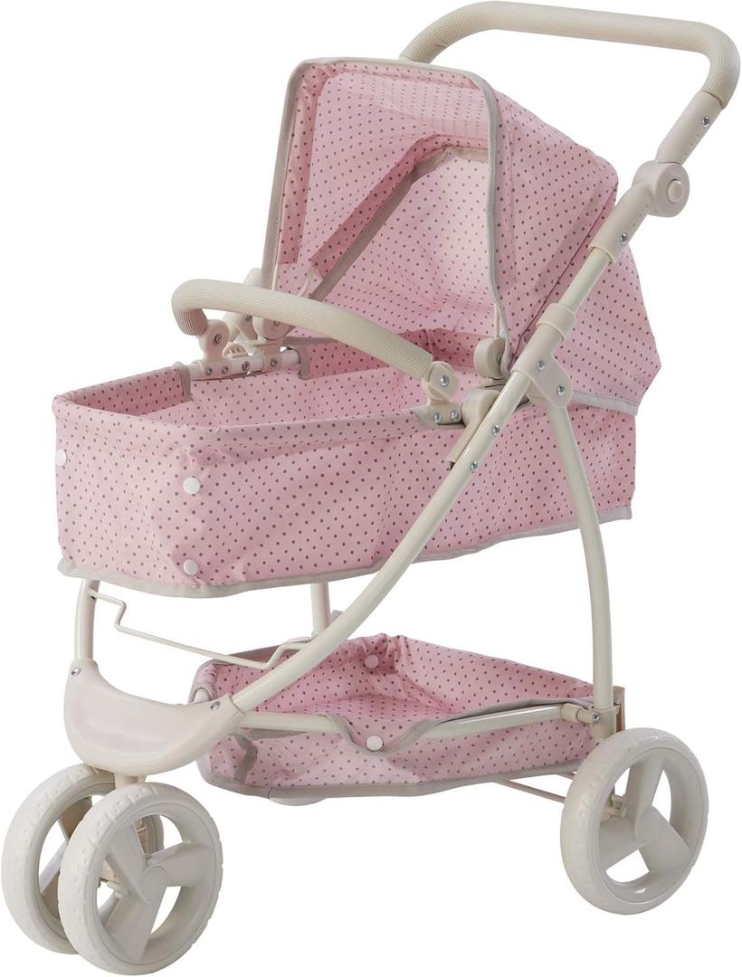 Olivia's Little World 2-in-1 Convertible Baby Doll Stroller with Retractable Canopy, All-Terrain Wheels, and Adjustable Handle, Cream and Pink with Gray Polka Dots