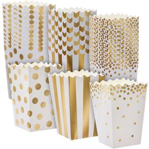102 Pack Gold Foil Mini Popcorn Boxes for Movie Night Party Supplies, 3 Designs (20oz, 3.5x3.5x5.5 in)