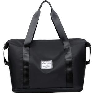 High-Capacity Double-Layer Wet Separation Travelling Bag, Large Capacity Folding Travel Bag, Foldable Travel Duffel Bag, Travel Lightweight Waterproof Carry Luggage Bag, Black, Travel Accessories