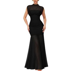 LAGSHIAN Women's Elegant Formal Long Dress Sleeveless Mesh High Neck Ruched Cocktail Party Maxi Dress, L