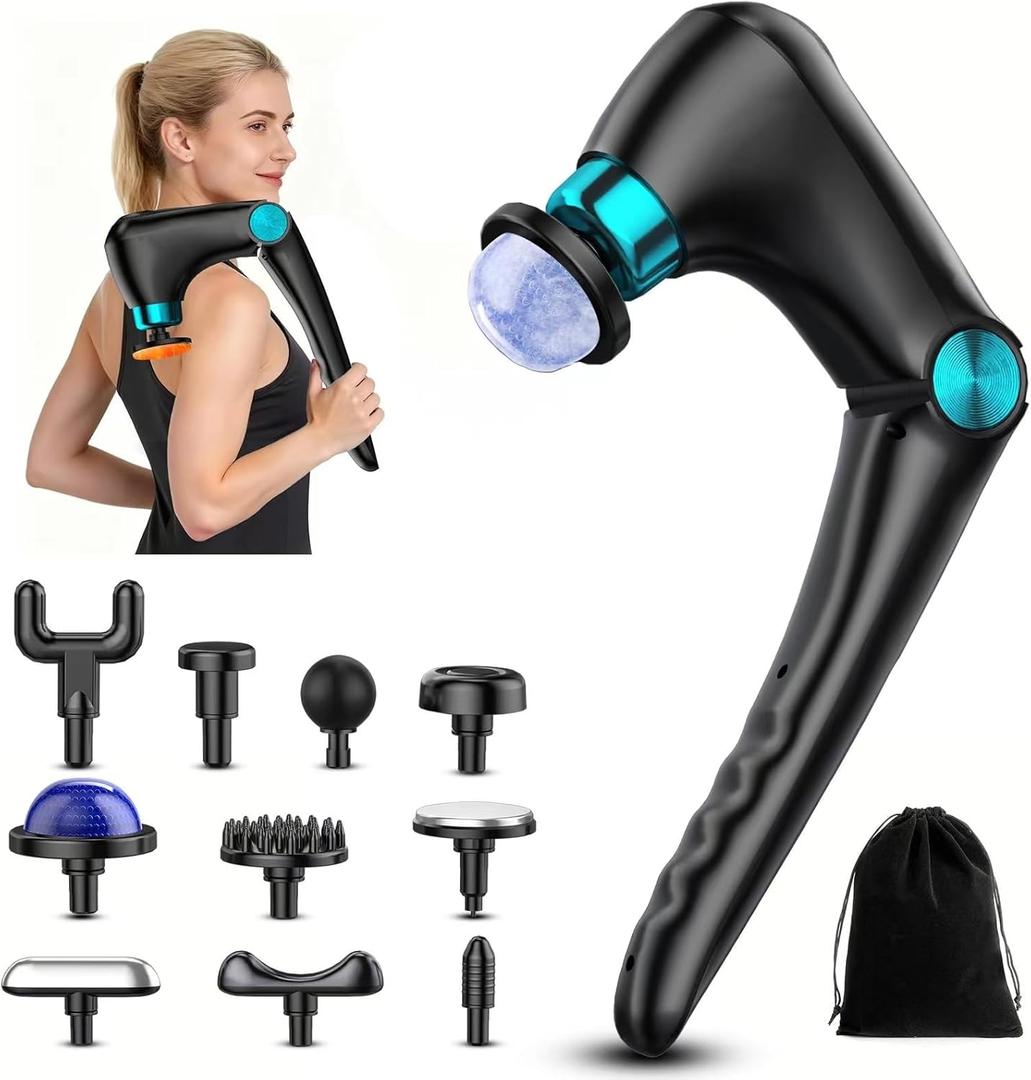 Folding Massage Gun with Heat & Cold Therapy for Women Men, Back & Deep Tissue Massager with 10 Heads, Quiet Rechargeable Percussion Massager for Back Pain Relief, Shoulders, Legs, Portable with bag (Black)