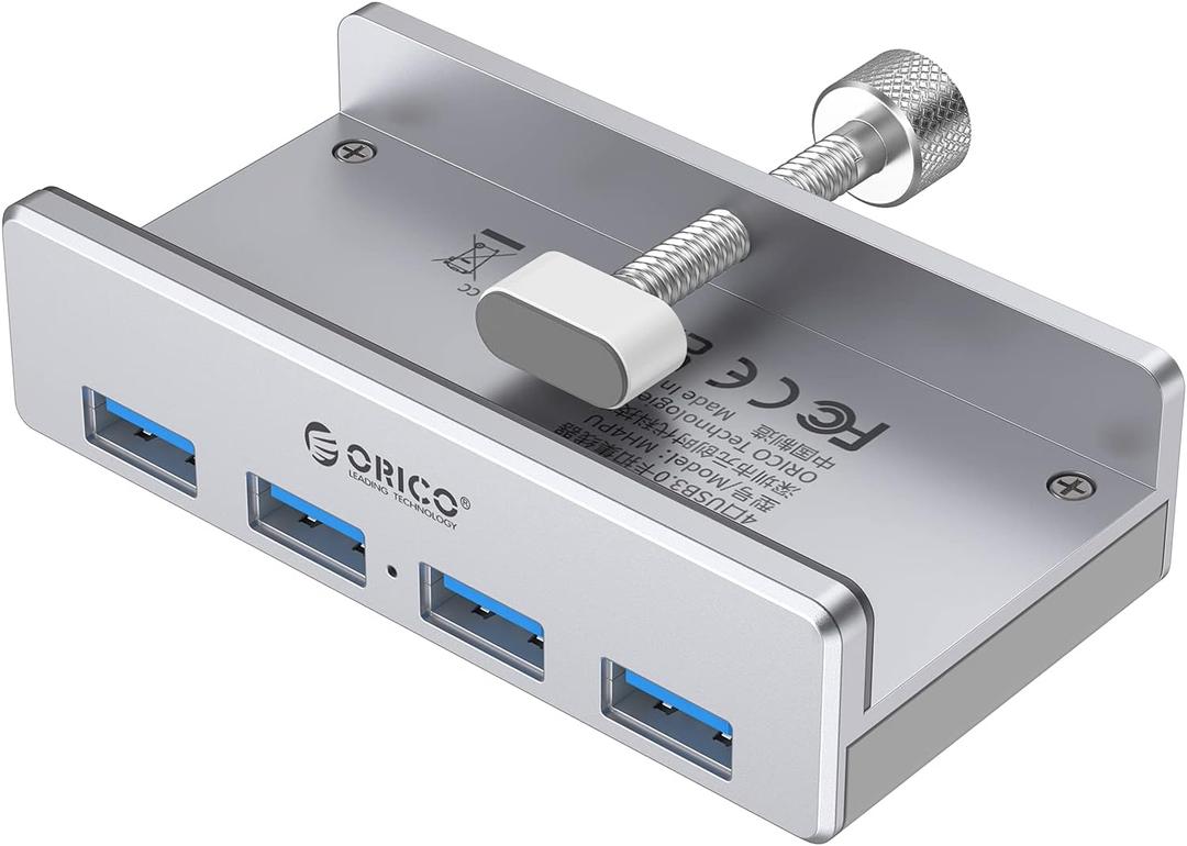 ORICO USB 3.0 Hub, USB Hub Clamp, Aluminum 4-Port USB Splitter with 4.92 FT USB Data Cable, Desktop Powered USB Hub for Monitors/Desks-Silver (Without Power Adapter) (MH4PU-SV)