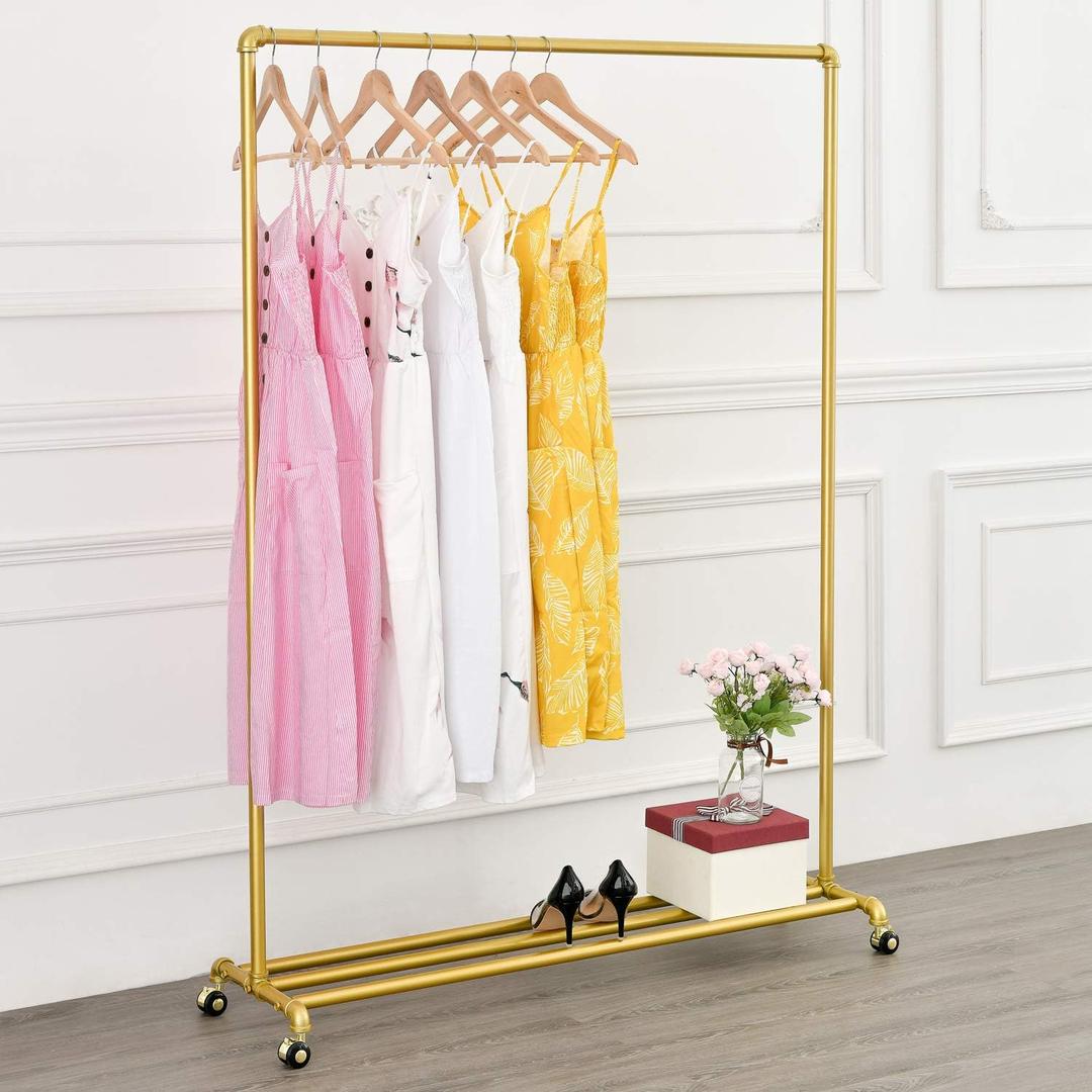 BOSURU Rolling Gold Clothing Racks on Wheels, Retail Display Industrial Pipe Clothing Racks for Hanging Garment Racks for Boutiques, Home (47"W X 63"H X 13.8"D)