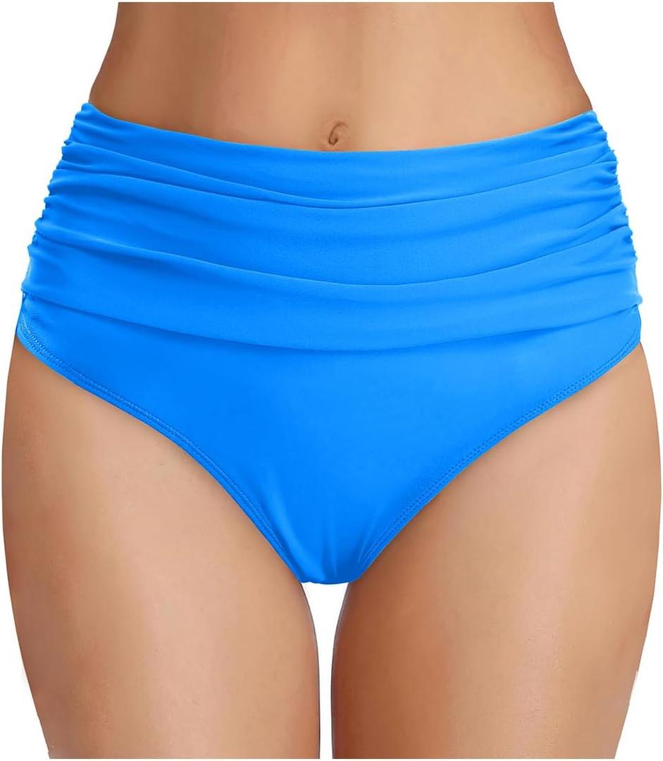 Tempt Me Women's High Waisted Bikini Bottom Tummy Control Ruched Bathing Suit Swim Bottom (Blue, M)