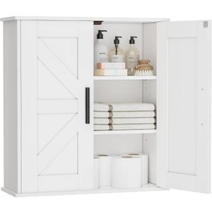 Homleke Bathroom Wall Cabinet, Over Toilet Storage Cabinet with Barn Doors and Adjustable Shelves, 3-Tier Medicine Cabinet Wall Mounted, for Bathroom, Kitchen, Entryway, Laundry Room, White, (7.9" D)