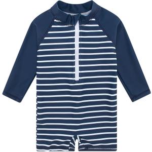 uideazone Baby Toddler Boys Zipper Rash Guard Swimsuit UPF 50+ One Piece Beach Swimwear Bathing Suits 3-36 Months (12-18 Months, Navy Blue Stripe)