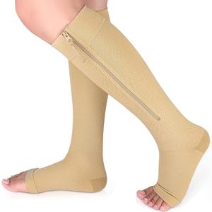 Ailaka Medical Compression Socks with Zipper, Knee High 15-20 mmHg Compression Socks for Women Men, Open Toe Support Socks for Varicose Veins, Edema, Recovery, Pregnant, Nurse (Large (1 Pair), Beige)