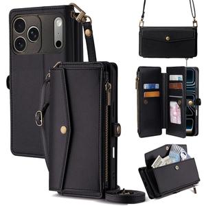 Leedia Crossbody Wallet Case for iPhone 17 Pro for Women, PU Leather Flip Case with [RFID Blocking] Card Holder, Zipper Handbag Magnetic Snap Wrist Strap for iPhone 17 Pro 6.3" Black