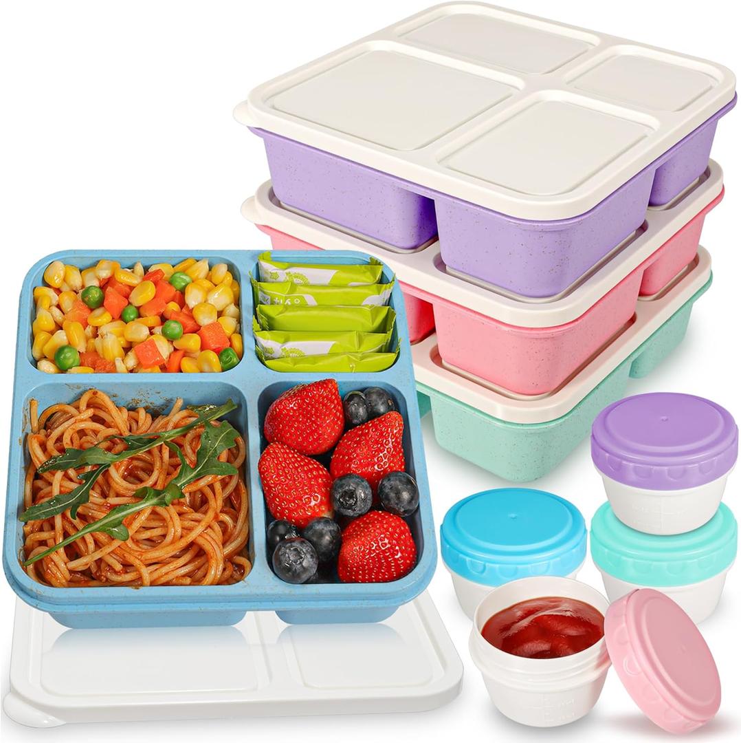 Original 40OZ Large Bento Box Adult Lunch Box, 4 Compartments Snack Containers for Kids, Lunchable Container with Salad Dressing Containers, Microwave Dishwasher Safe, 4 Pack Snackle Box Container