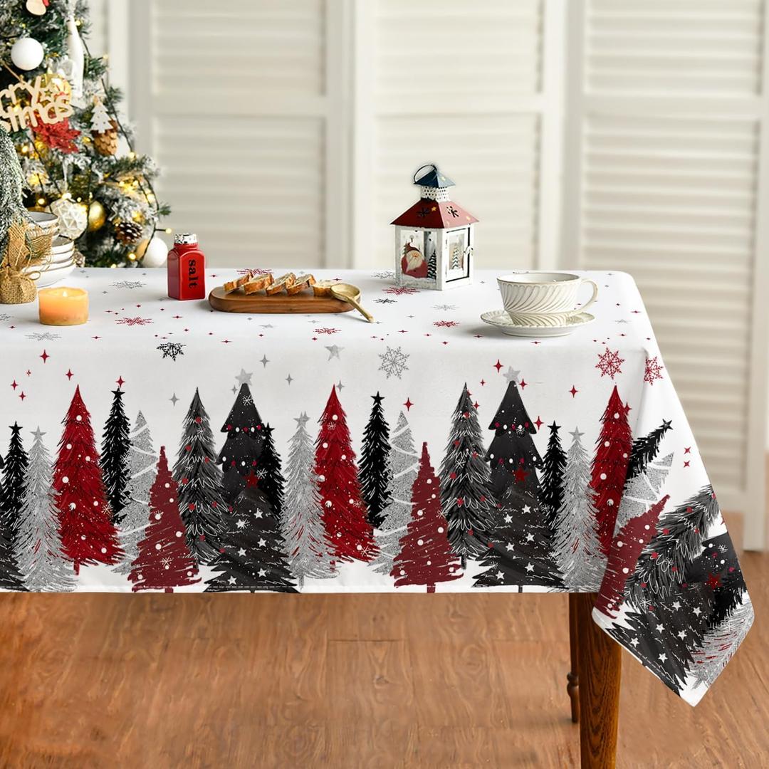 Horaldaily Christmas Tablecloth 60x104 Inch Rectangular, Christmas Trees Red Black Washable Seasonal Table Cover for Party Picnic Dinner Decor