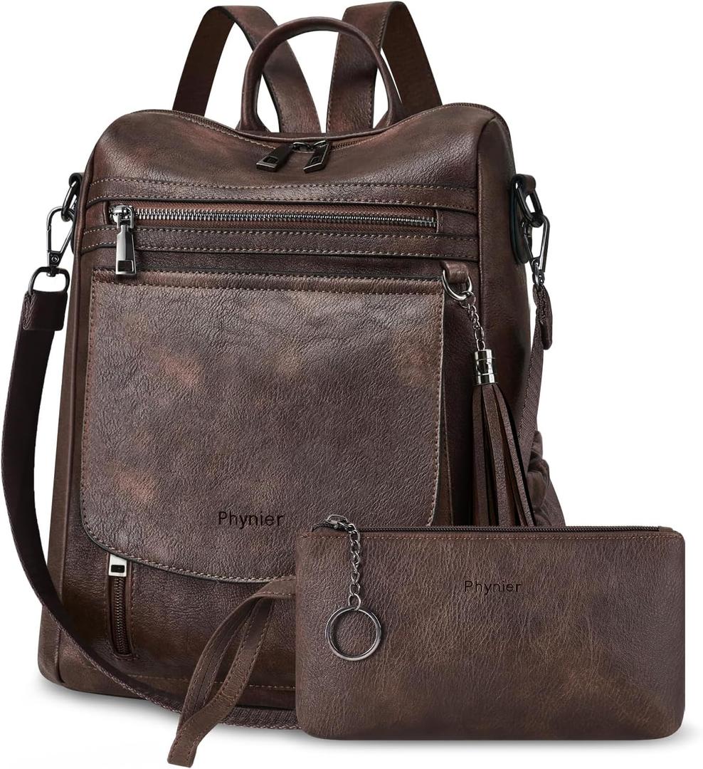 Backpack Purse for Women Leather Backpack Fashion Designer Purse Travel Backpack for Women Work Daily with PU Wallet (Dark Coffee)