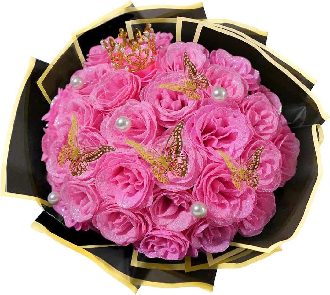 Pink Glitter Roses Bouquet, 24 Pcs Shiny Glitter Flowers Bouquet, Everlasting Artificial Roses Bouquet for Mothers Day, Birthday, Anniversary, Wedding, Engagement, Christmas