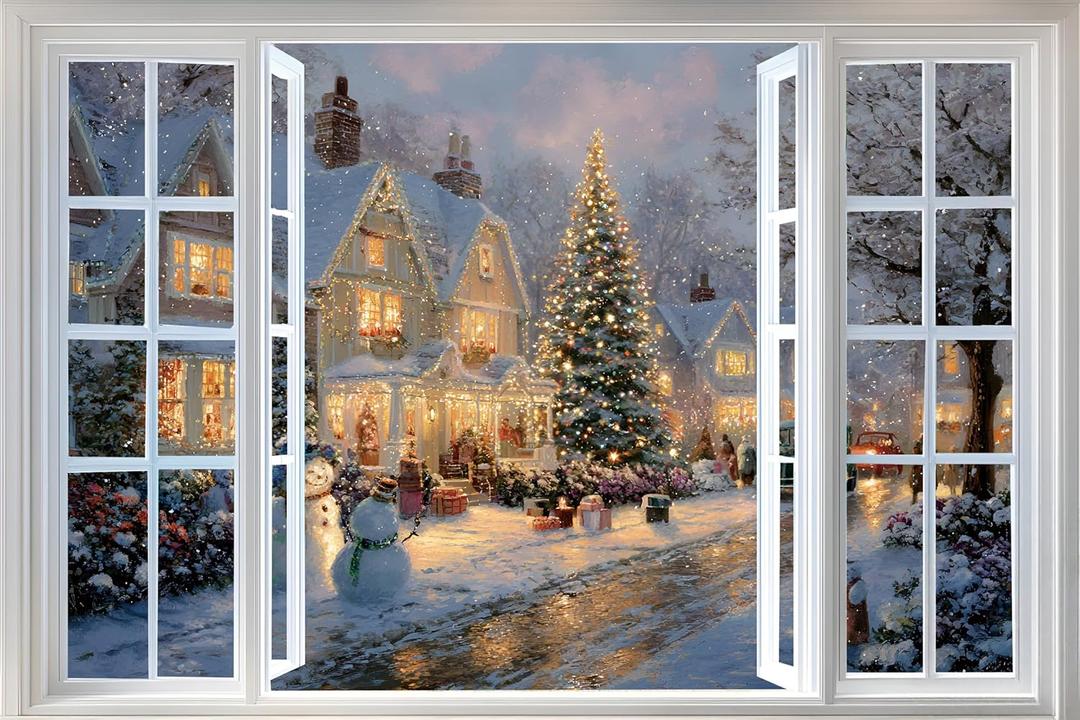 WOOHOOROO Peel and Stick Christmas Tree and Village Fake Window Sticker, Removable Snowman Festive Scene Decal,3D Self-Adhesive Holiday Wall Decor,32" x 48"